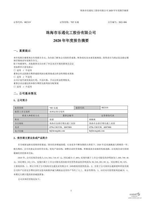 ST乐通：2020年年度报告摘要.PDF
