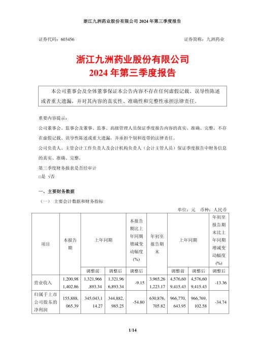九洲药业：浙江九洲药业股份有限公司2024年第三季度报告.pdf