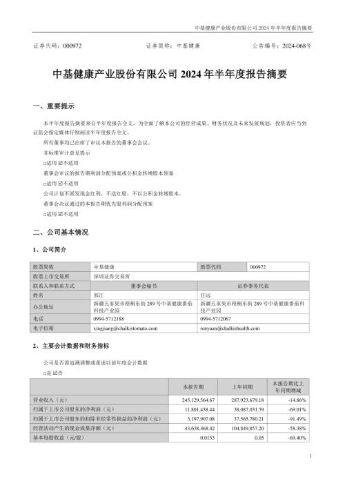 中基健康：2024年半年度报告摘要.PDF