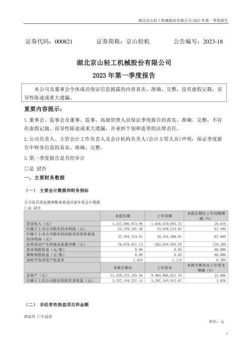 京山轻机：2023年一季度报告.PDF