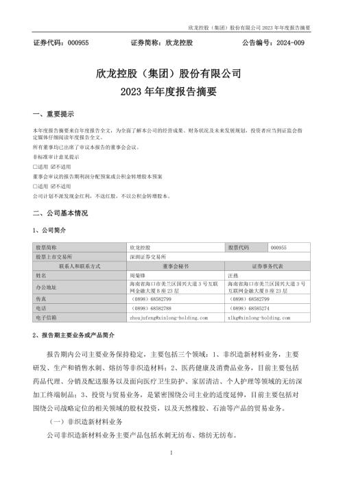 欣龙控股：2023年年度报告摘要.PDF