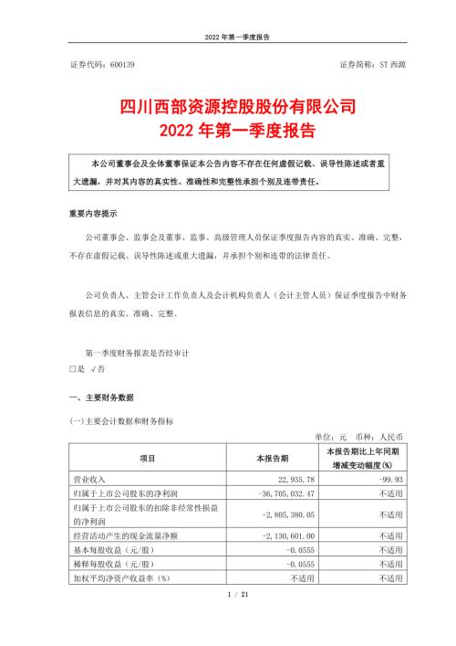 ST西源：西部资源2022年第一季度报告.PDF