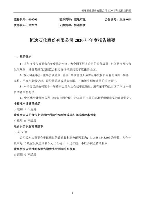 恒逸石化：2020年年度报告摘要.PDF
