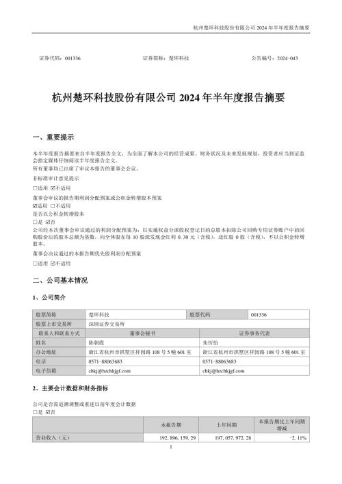 楚环科技：2024年半年度报告摘要.PDF