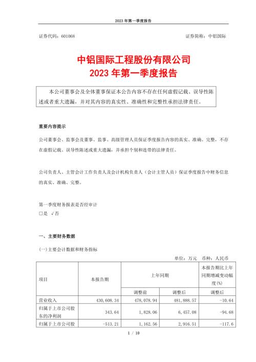 中铝国际：中铝国际工程股份有限公司2023年第一季度报告.PDF