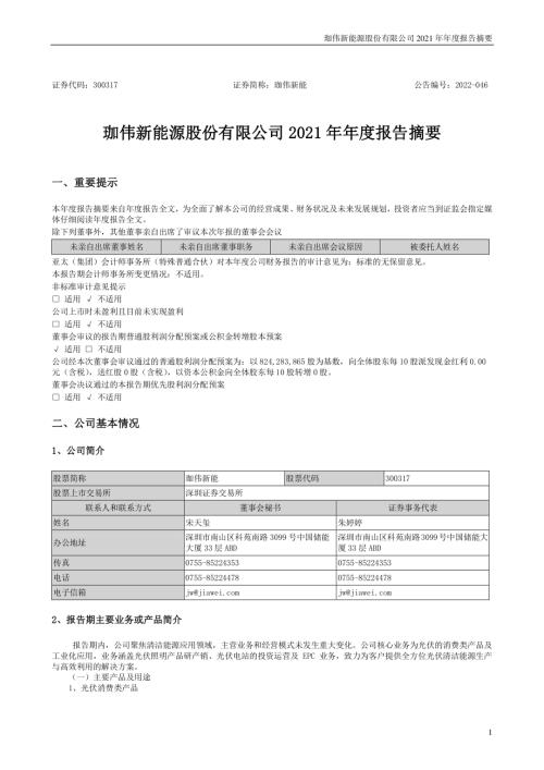 珈伟新能：2021年年度报告摘要.PDF