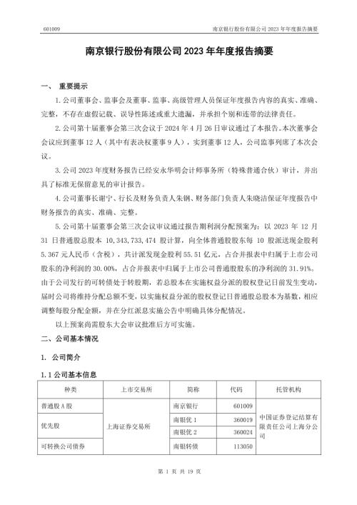 南京银行：南京银行股份有限公司2023年年度报告摘要.PDF