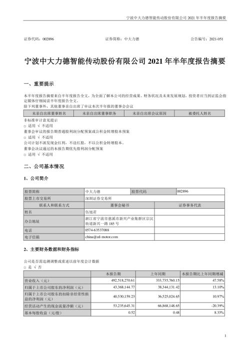 中大力德：2021年半年度报告摘要.PDF