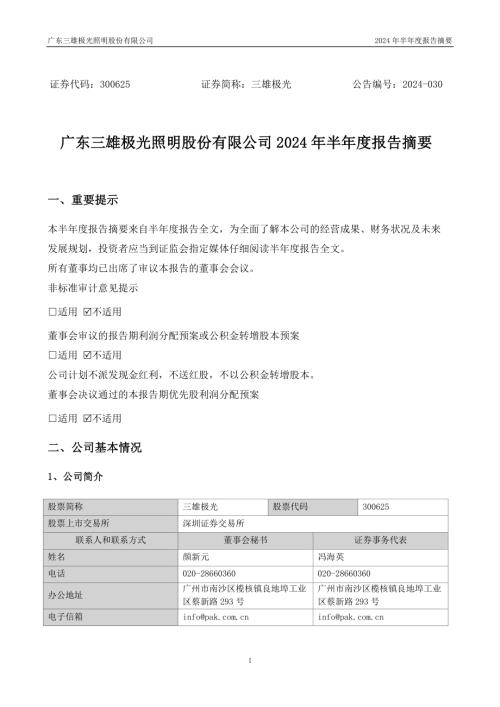 三雄极光：2024年半年度报告摘要.PDF