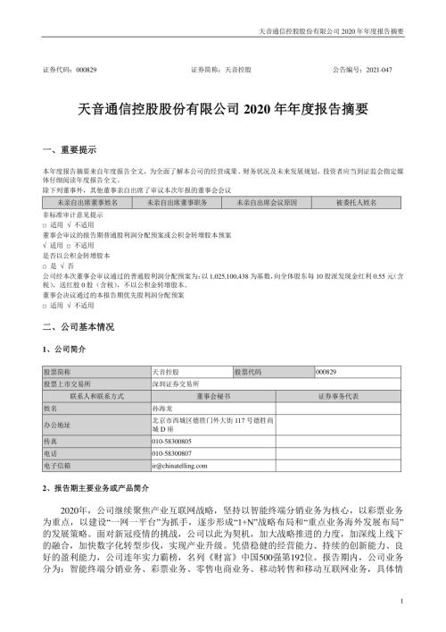 天音控股：2020年年度报告摘要.PDF