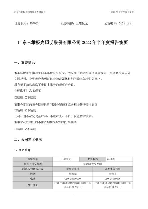 三雄极光：2022年半年度报告摘要.PDF