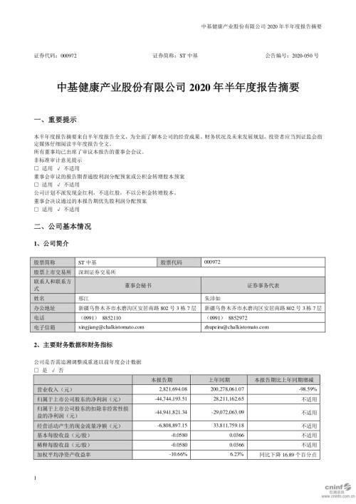 ST中基：2020年半年度报告摘要.PDF