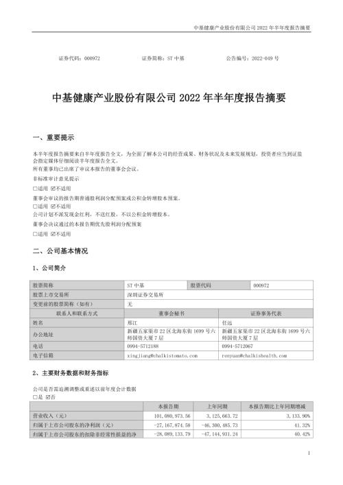 ST中基：2022年半年度报告摘要.PDF