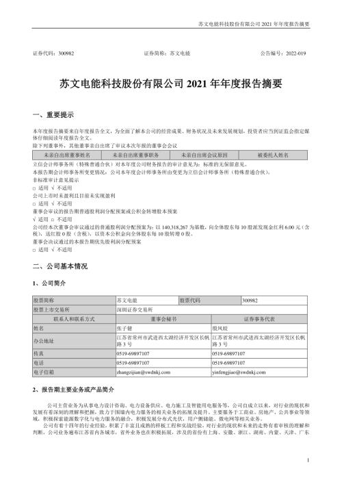 苏文电能：2021年年度报告摘要.PDF