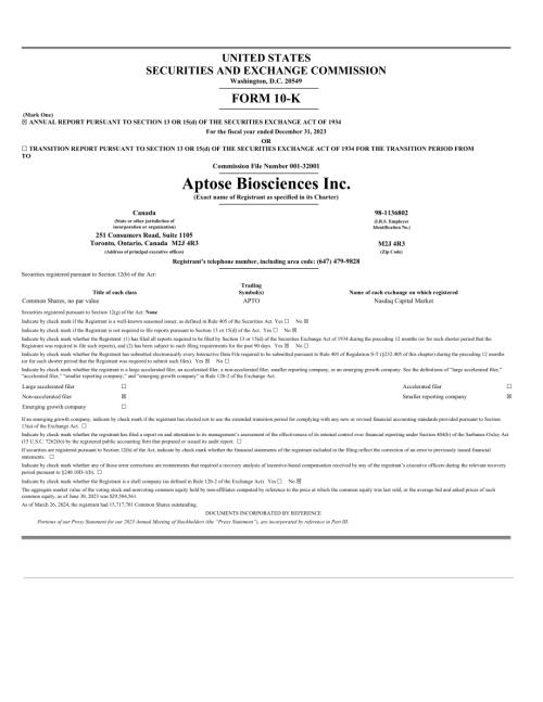 Aptose Biosciences Inc. (APS) 2023年年度报告「TSX」.pdf
