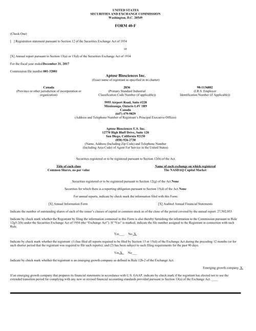 Aptose Biosciences Inc. (APS) 2017年年度报告「TSX」.pdf