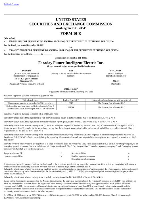 法拉第未来Faraday Future Intelligent Electric Inc. （FFIE） 2021年10-K年度报告「NASDAQ」.pdf