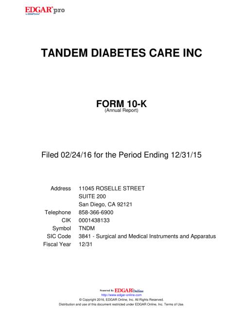 Tandem Diabetes Care (TNDM) 2015年年度报告「NASDAQ」.pdf
