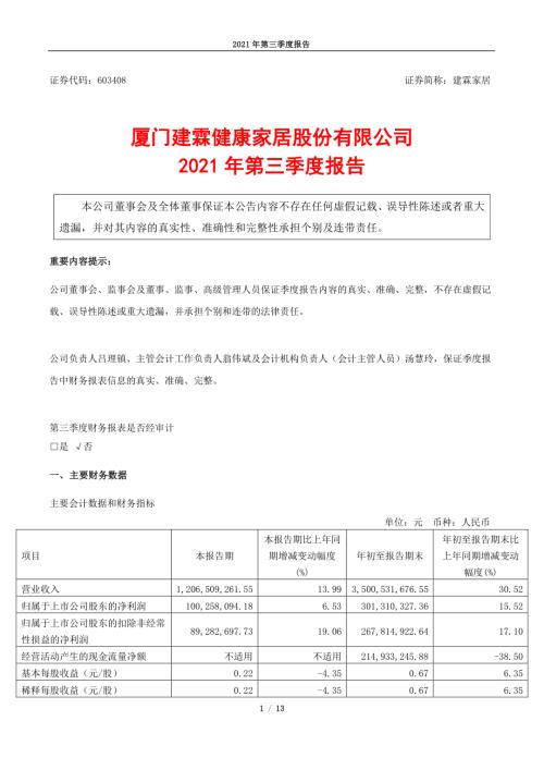 建霖家居：厦门建霖健康家居股份有限公司2021年第三季度报告.PDF