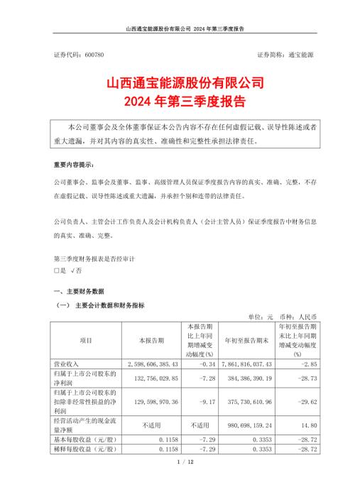 通宝能源：山西通宝能源股份有限公司2024年第三季度报告.PDF