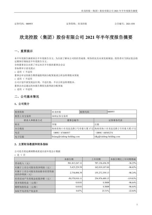 欣龙控股：2021年半年度报告摘要.PDF