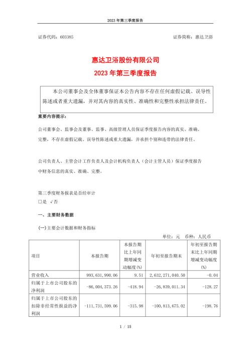 惠达卫浴：2023年第三季度报告.PDF