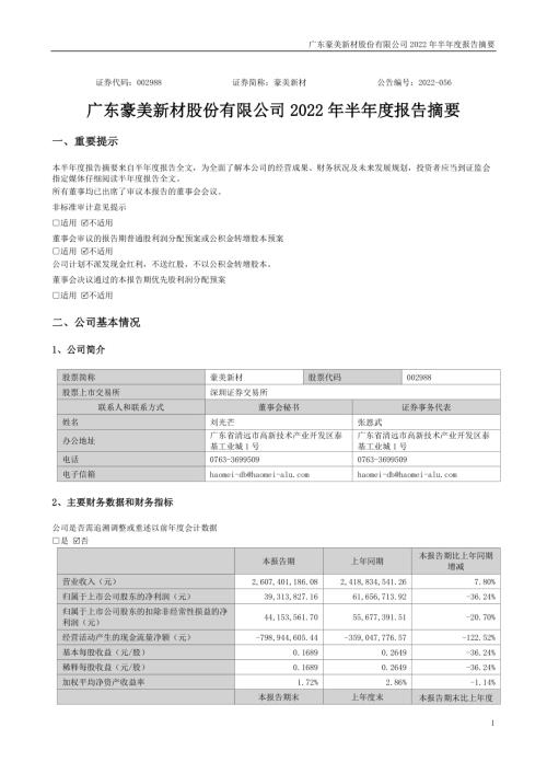 豪美新材：2022年半年度报告摘要.PDF