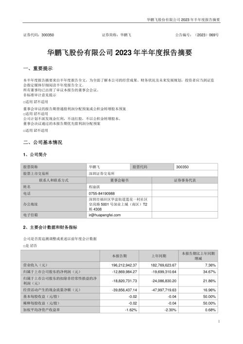 华鹏飞：2023年半年度报告摘要.PDF
