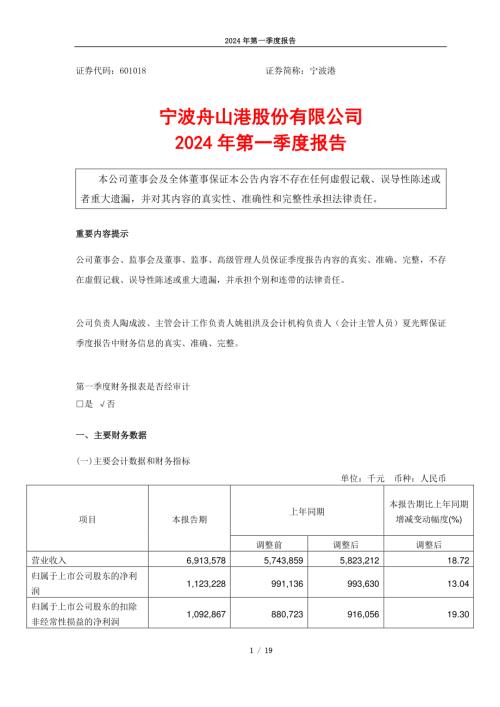 宁波港：宁波舟山港股份有限公司2024年第一季度报告.PDF