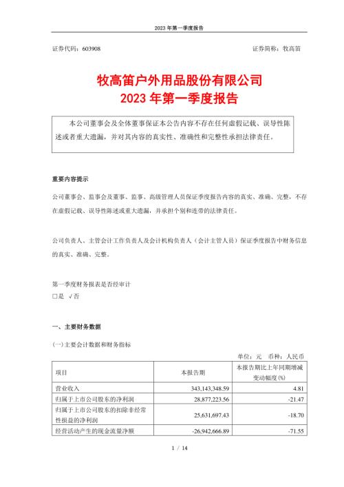牧高笛：牧高笛户外用品股份有限公司2023年第一季度报告.PDF