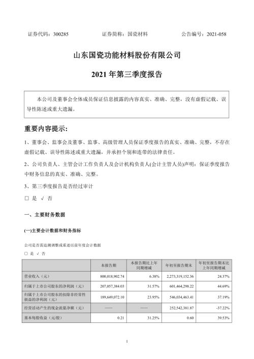 国瓷材料：2021年第三季度报告.PDF