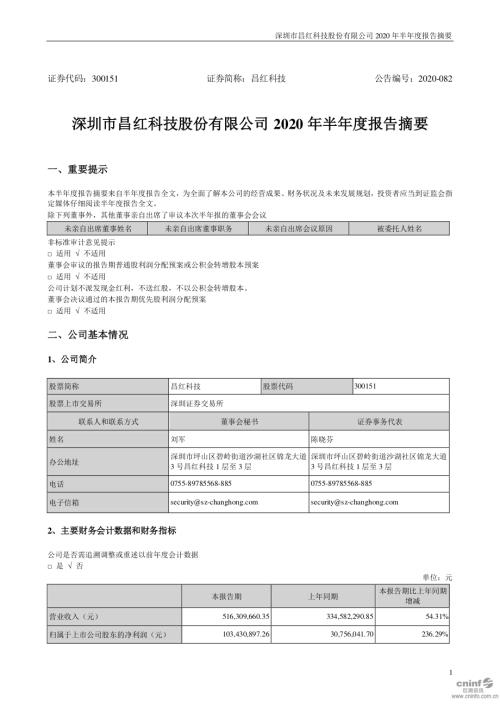 昌红科技：2020年半年度报告摘要.PDF