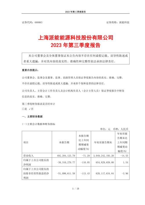 派能科技：上海派能能源科技股份有限公司2023年第三季度报告.PDF