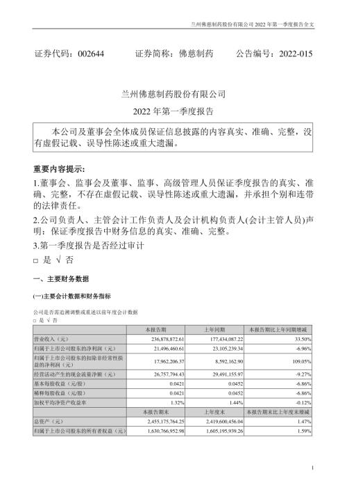 佛慈制药：2022年一季度报告.PDF