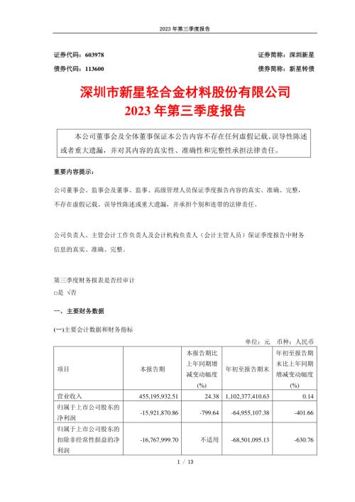 深圳新星：2023年第三季度报告.PDF