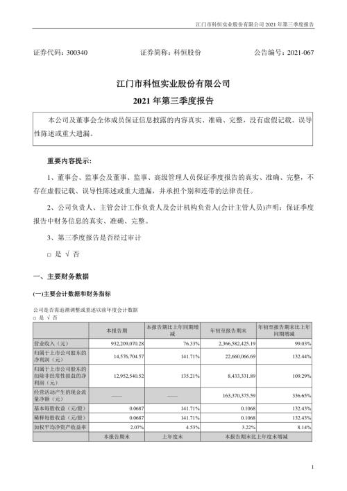科恒股份：2021年第三季度报告.PDF