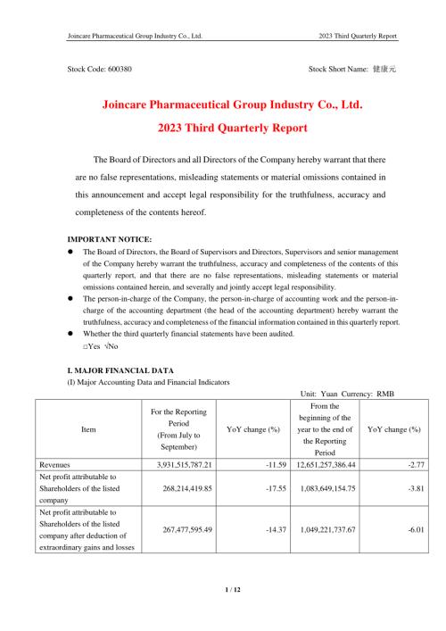 健康元：健康元药业集团股份有限公司2023年第三季度报告（英文版）.PDF