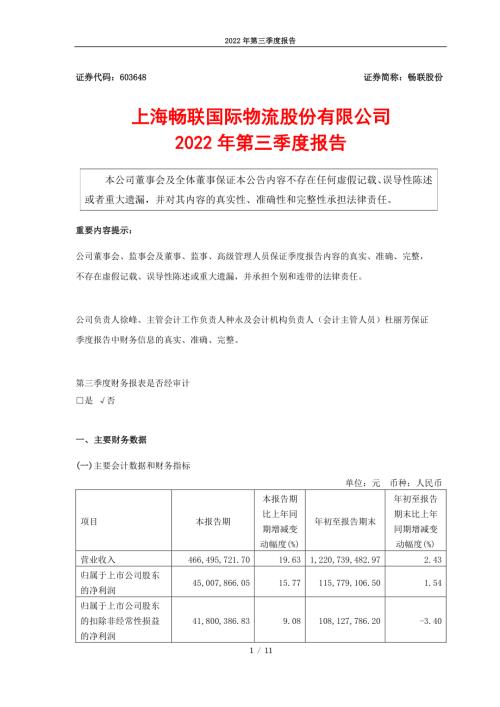 畅联股份：上海畅联国际物流股份有限公司2022年第三季度报告.PDF