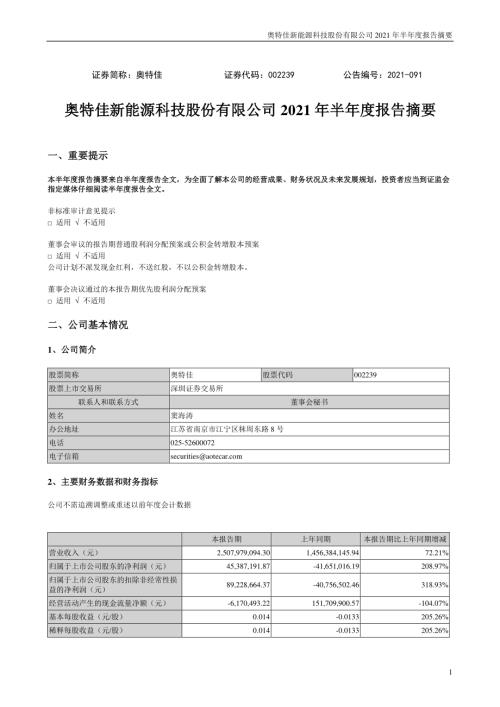 奥特佳：2021年半年度报告摘要.PDF