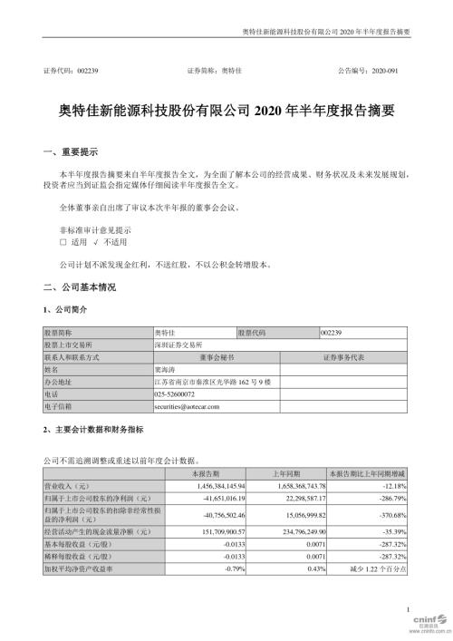 奥特佳：2020年半年度报告摘要.PDF
