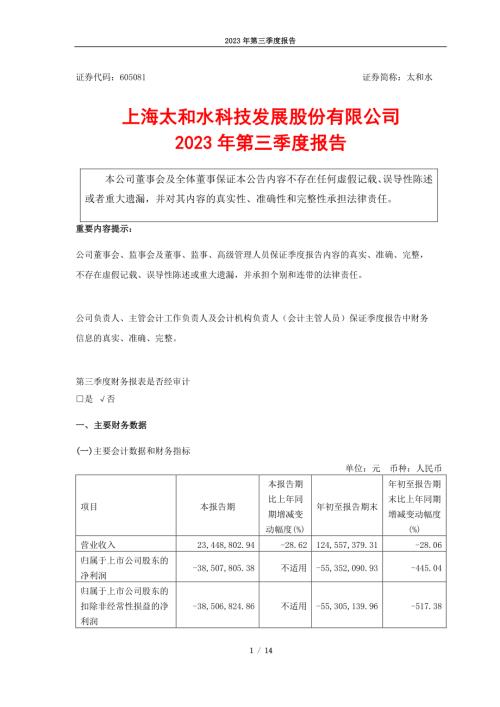 太和水：上海太和水科技发展股份有限公司2023年第三季度报告.PDF