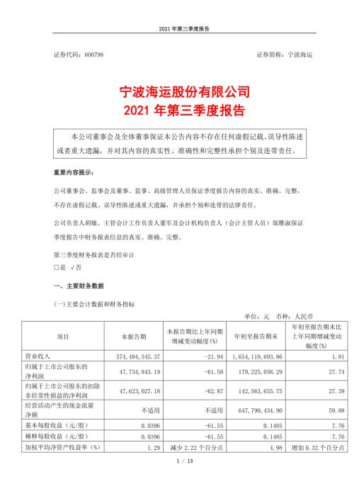 宁波海运：宁波海运股份有限公司2021年第三季度报告.PDF