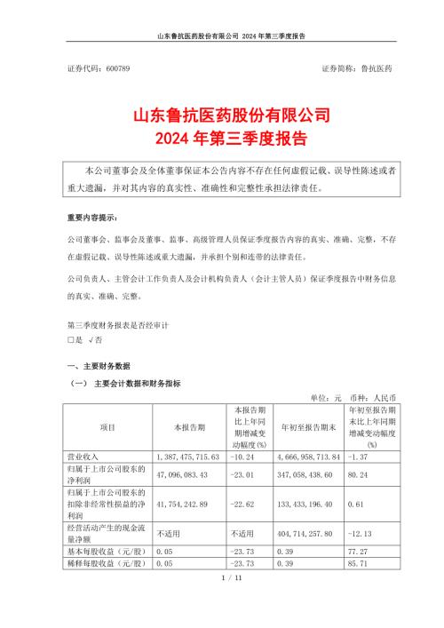 鲁抗医药：鲁抗医药2024年第三季度报告.PDF