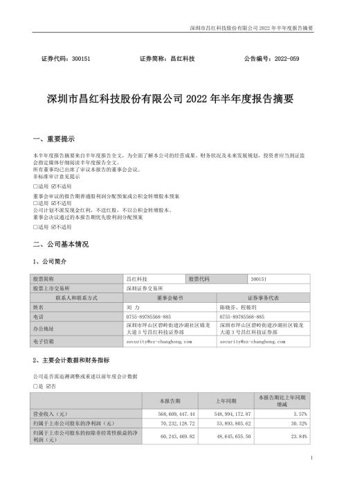 昌红科技：2022年半年度报告摘要.PDF