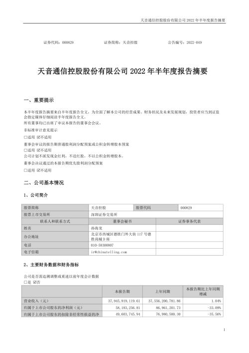 天音控股：2022年半年度报告摘要.PDF