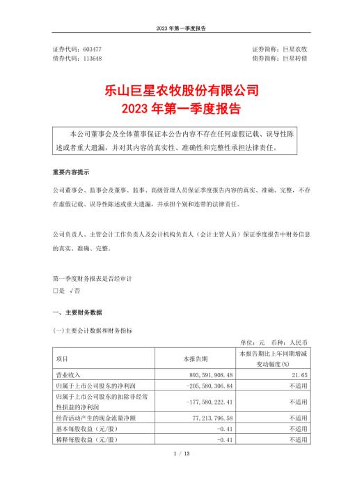 巨星农牧：巨星农牧2023年第一季度报告.PDF