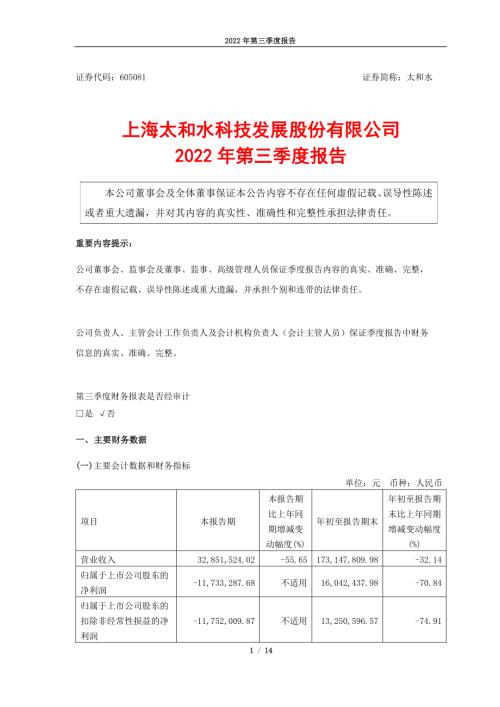 太和水：上海太和水科技发展股份有限公司2022年第三季度报告.PDF