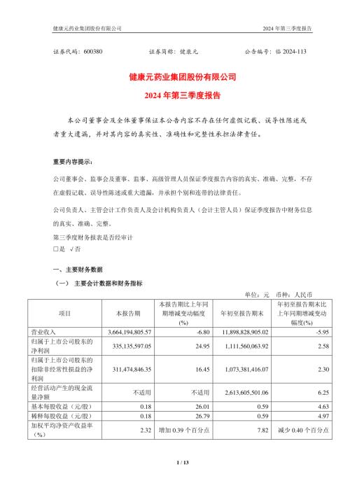 健康元：健康元药业集团股份有限公司2024年第三季度报告.pdf