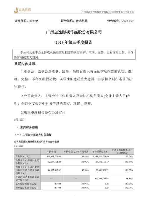 金逸影视：2023年第三季度报告.PDF