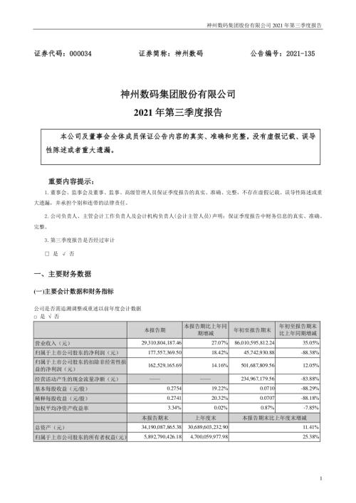 神州数码：2021年第三季度报告.PDF